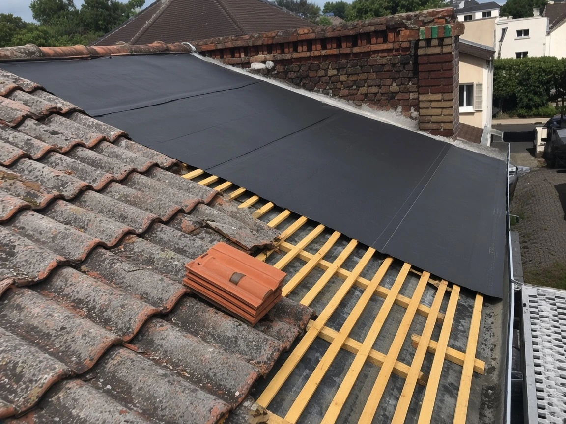 Remise à neuf de toiture : demi-pente déposée, liteaux et écran apparents.